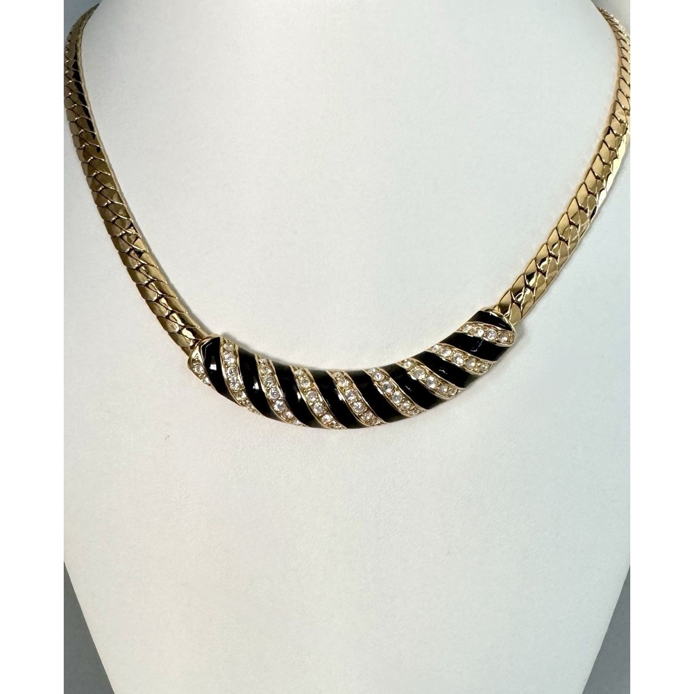 Vintage Swarovski Swan Black Enamel Crystal Collar Necklace Gold Tone